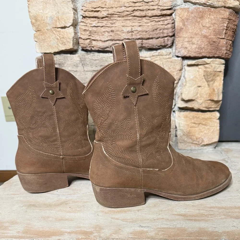 DREAM‎ PAIRS KIDS Embroidered Brown Slip-On Cowgirl Ankle Boots Size 5